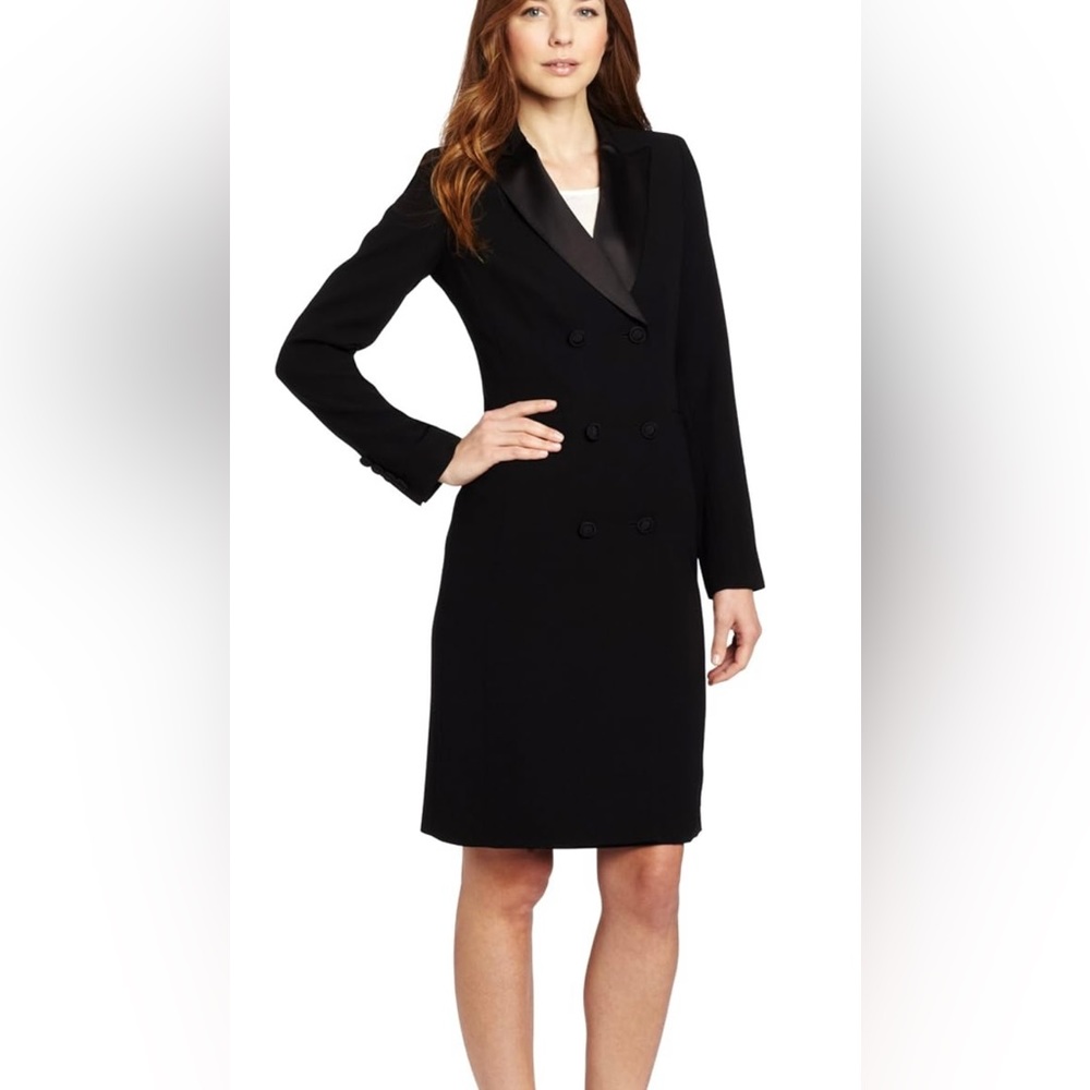 Anne Klein Satin Lapel Black Double-Breasted Tuxedo Wrap Dress Coat 8
